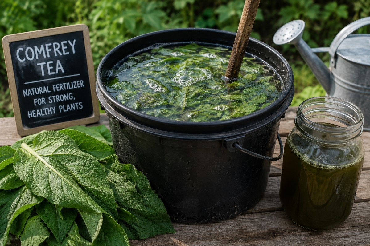 Comfrey leaves soaking in a bucket to make liquid fertilizer